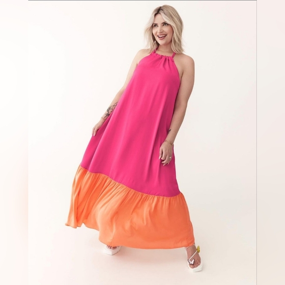 The Birds Papaya Colour block Halter Maxi, Sz Lg, EUC - Picture 1 of 6
